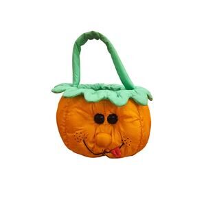 Vintage Pumpkin Pail Basket Plush Nylon Joelson industries 1993 Halloween Decor